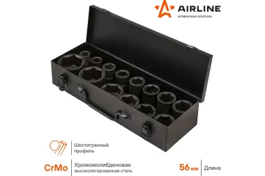 Набор головок ударных 14 шт, 17-50 мм, 56 мм, 3/4", металлический кейс Airline ATAS044