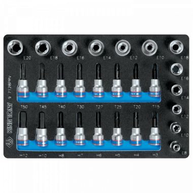 НАБОР ТОРЦЕВЫХ НАСАДОК И ГОЛОВОК 1/2", 3/8", TORX, HEX, Е6-Е20, ЛОЖЕМЕНТ, 28 ПРЕДМЕТОВ KING TONY 9-7128PRV